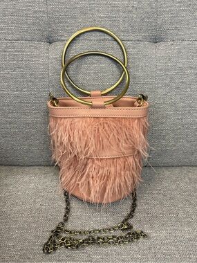 Pink Ostrich Feather Bucket Bag with Gold Ring Handles
